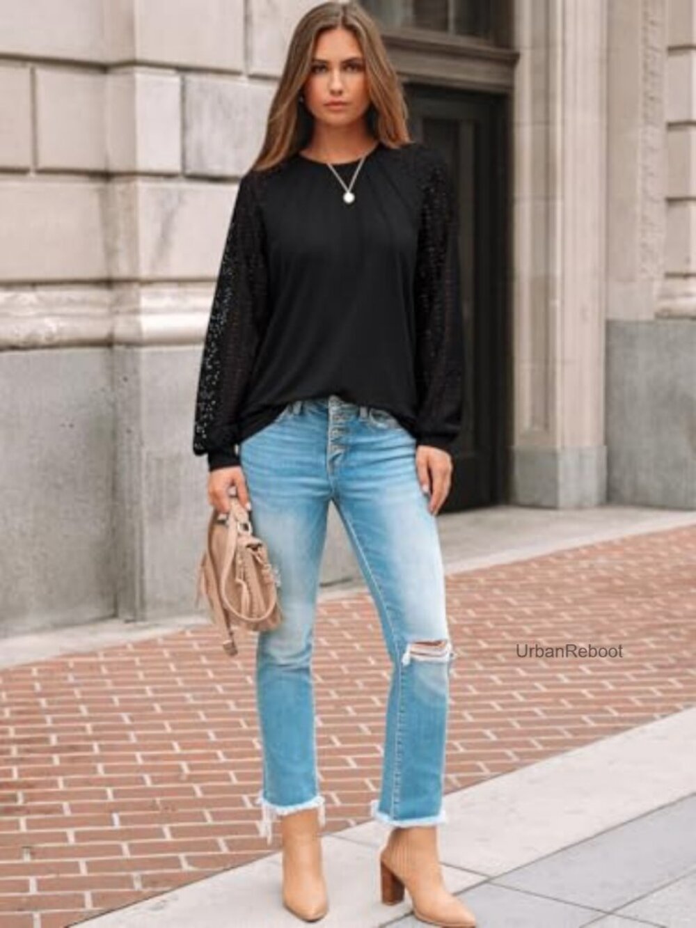 Womens Long Sleeve Pleated Lace Top Business Casual Blouse - Picture 6 of 6